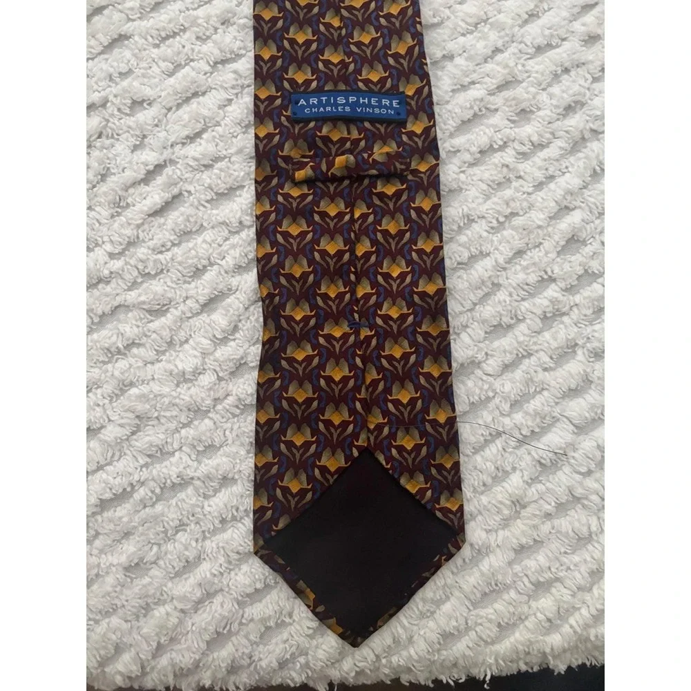Artisphere Charles Vinson Men Silk Tie Burgundy Gold Geometric Abstract USA Made